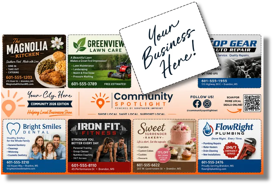 Community Spotlight postcard preview with local business ads